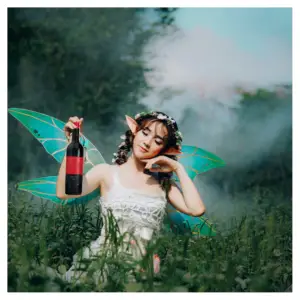 wine fairy holding a bottle of wine